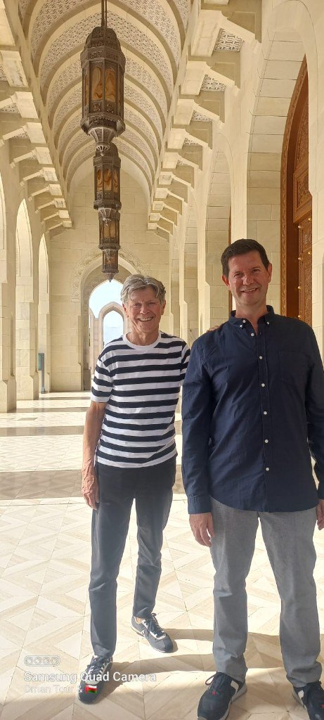 Two visitors at Sultan Qaboos Grand Mosque Muscat private tour