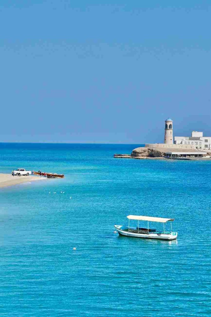 Warm December coastline at Sur in Oman with turquoise sea and rocky shore