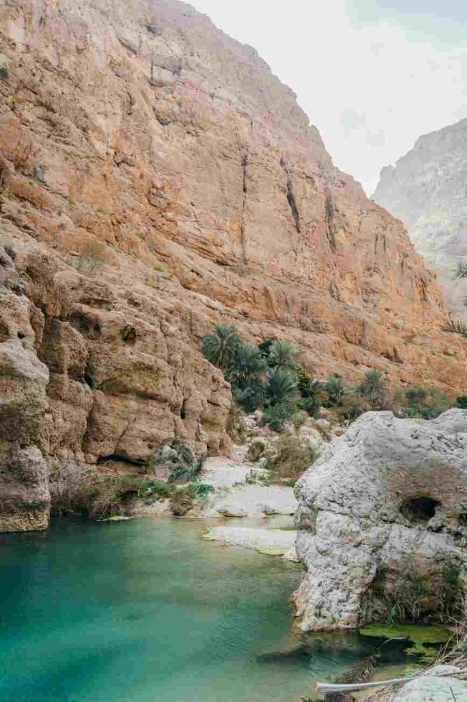 Wadi Shab canyon pools in Oman during dry December weather