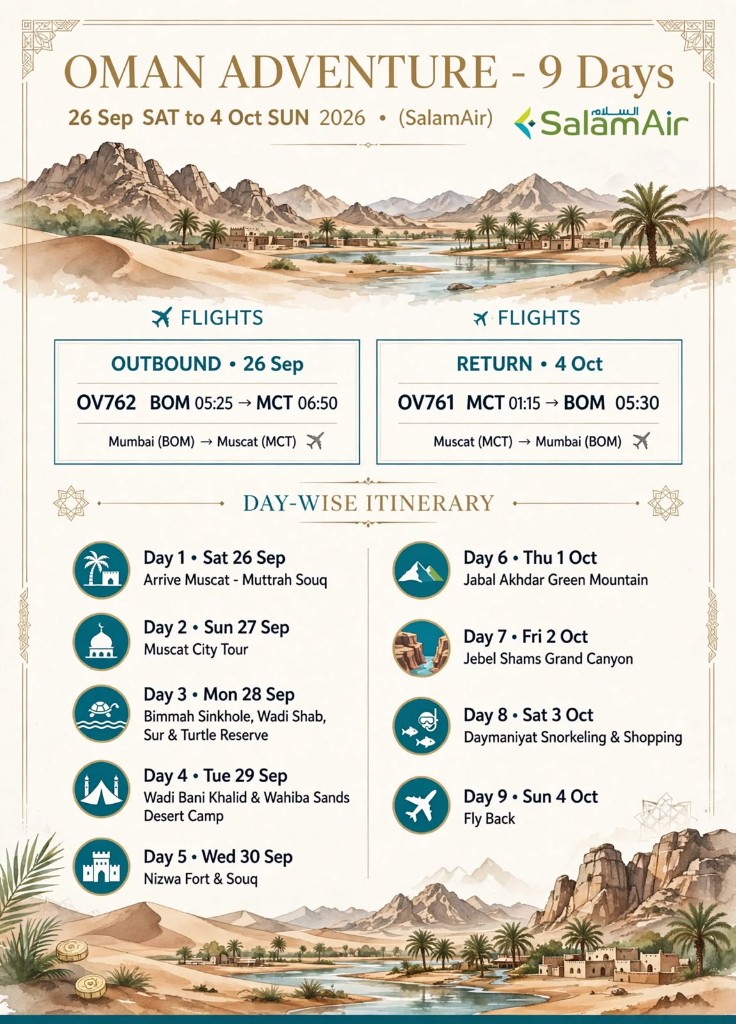 Nine-day Oman adventure itinerary from 26 September to 4 October 2026 with SalamAir flights Mumbai to Muscat